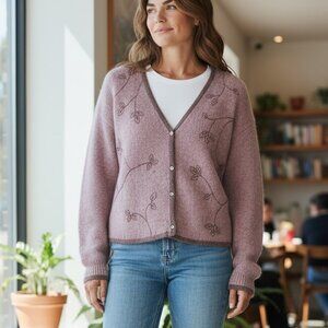 Delia Ferrari Mauve Mohair Silk Wool Cardigan Boutique Luxury Pearl Buttons Sz M